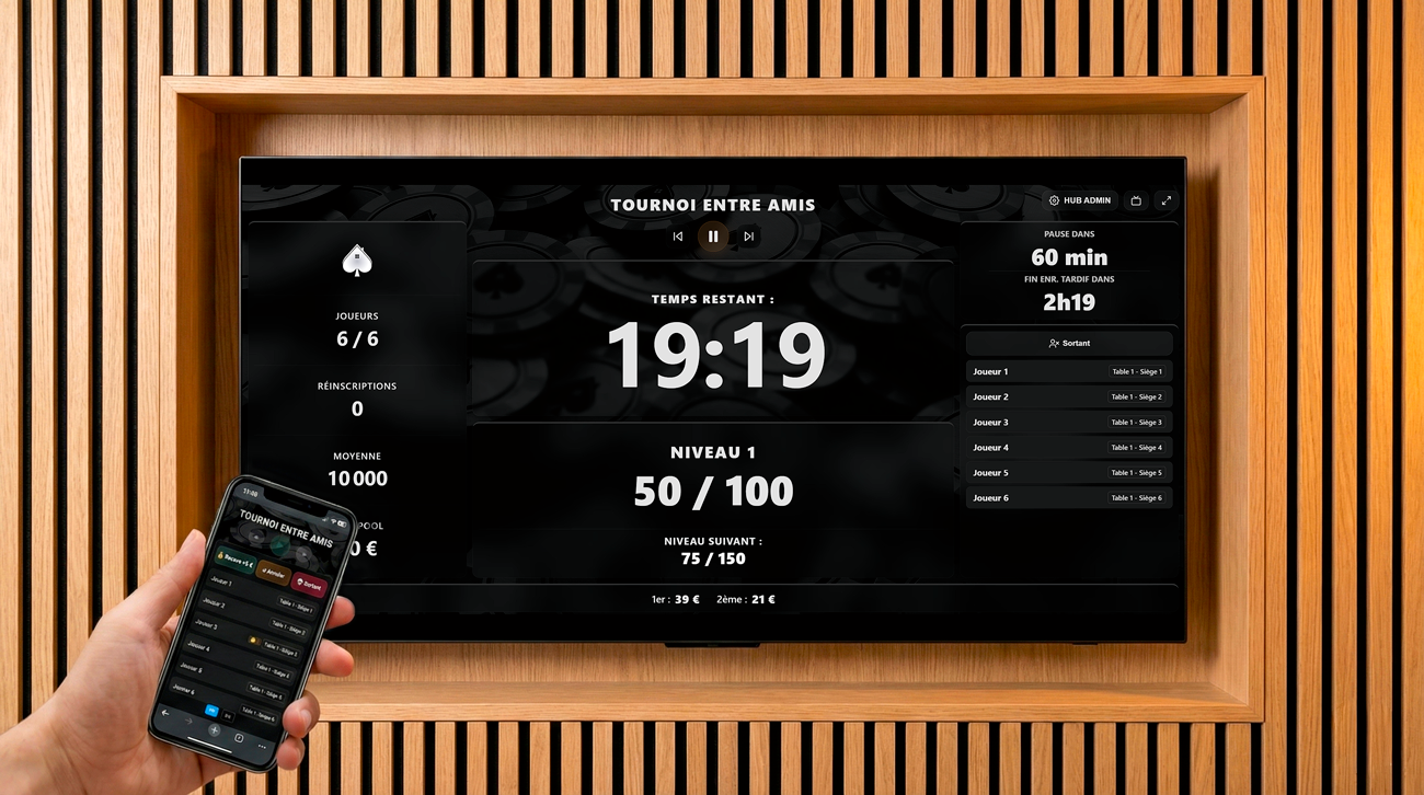 Vue rapprochée du HUD (Heads Up Display) du timer Poker Home Games sur un écran