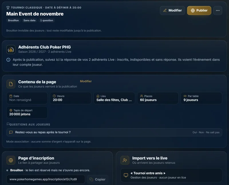 Fiche d’un événement Mon planning dans Poker Home Games