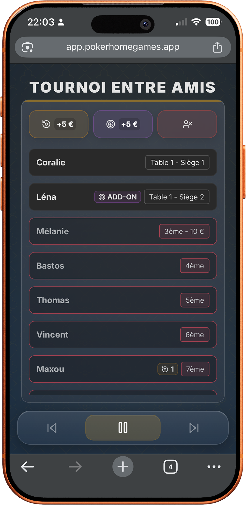 Interface de la télécommande mobile Poker Home Games