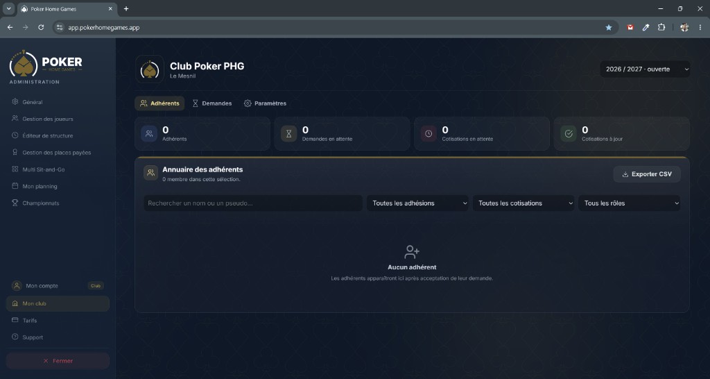 Onglet Mon club Poker Home Games : annuaire des adhérents