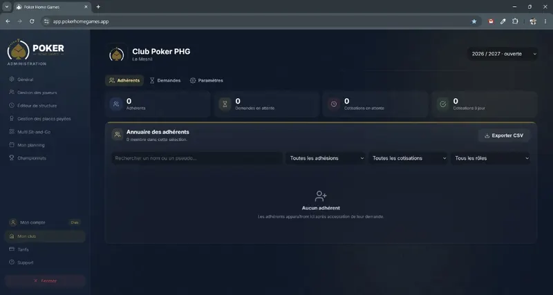 Administration Mon club : annuaire des adhérents Poker Home Games