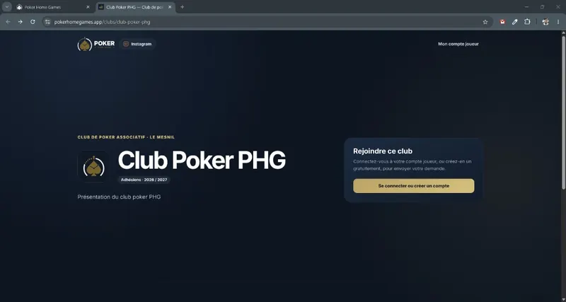 Page publique de présentation d'un club Poker Home Games