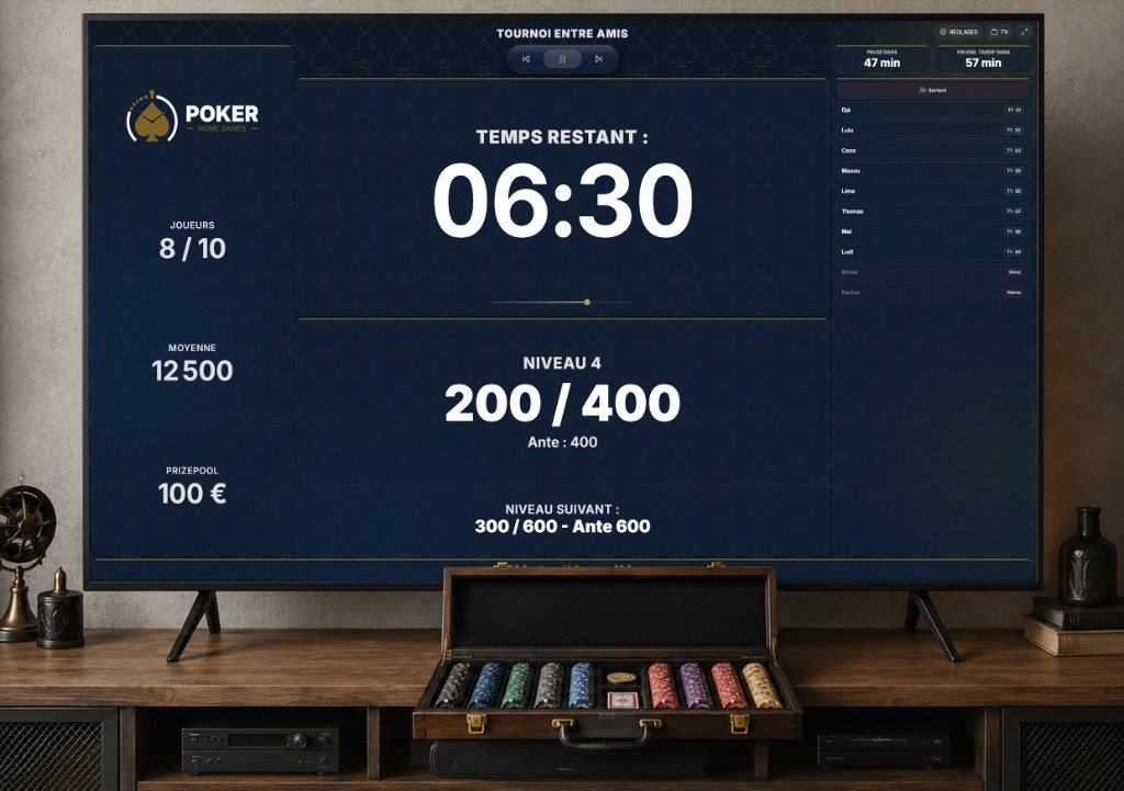 Timer Poker Home Games affiché sur une télévision, mallette de jetons au premier plan