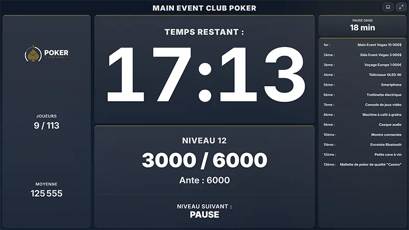 Timer poker affiché sur écran TV avec horloge de blindes