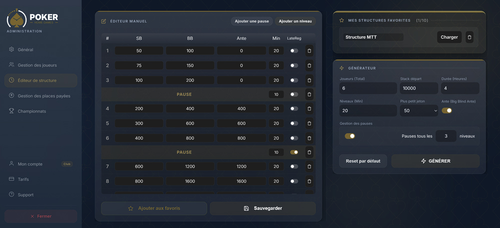 Interface du Générateur de structure Poker Home Games