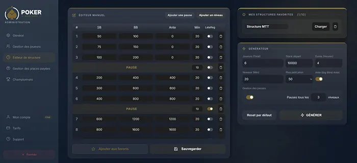 Interface du Générateur de structure Poker Home Games