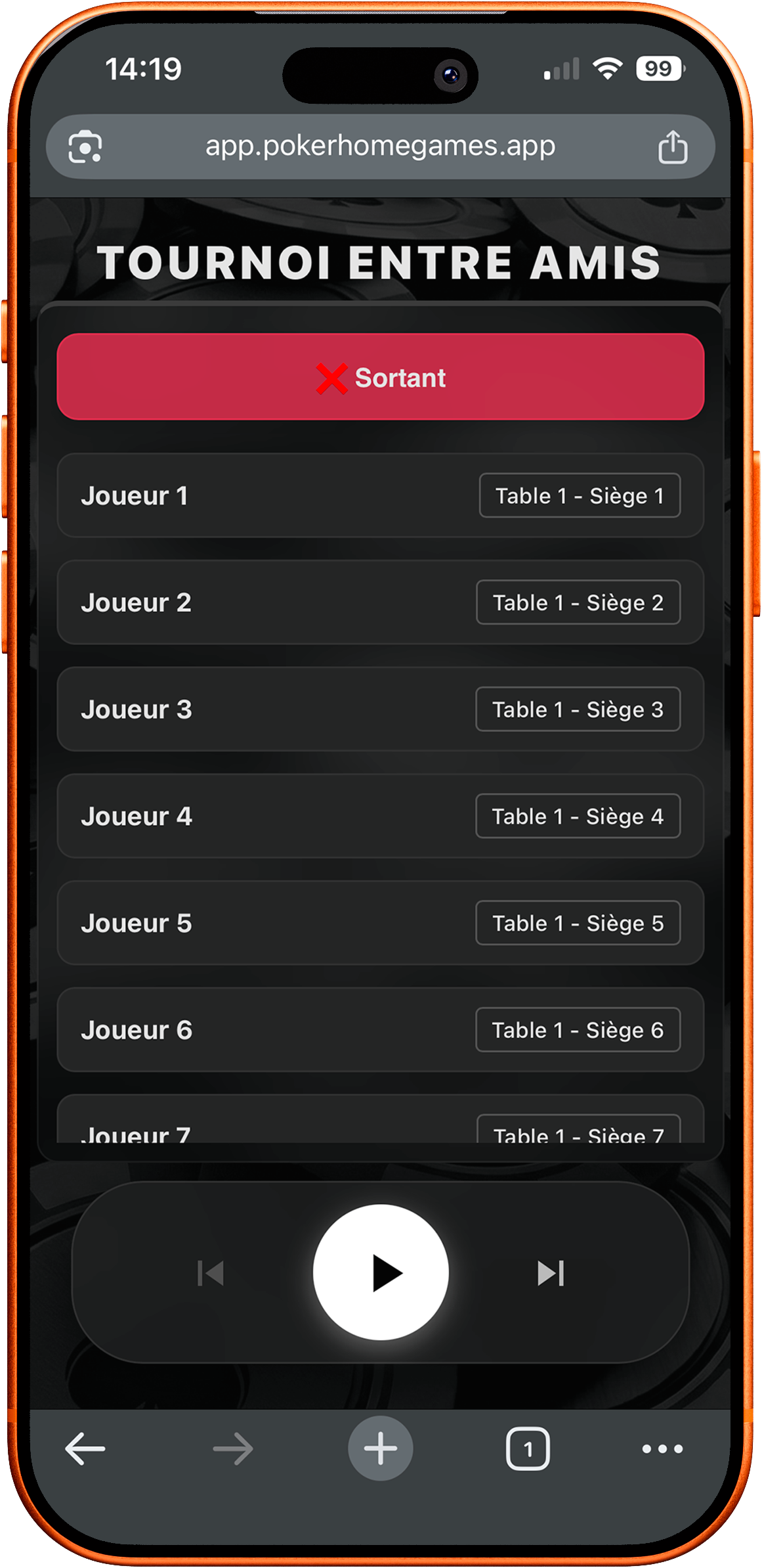 Interface de la télécommande mobile Poker Home Games