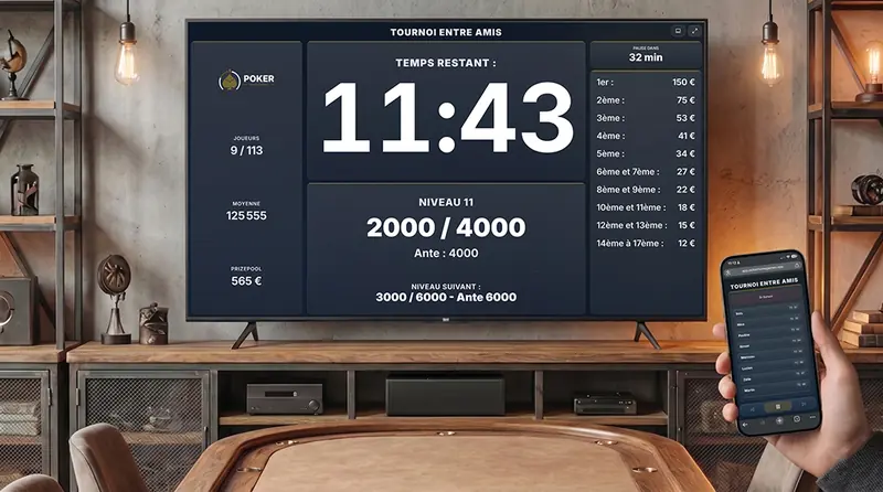 Timer poker affiché sur grand écran avec horloge de blindes et statistiques