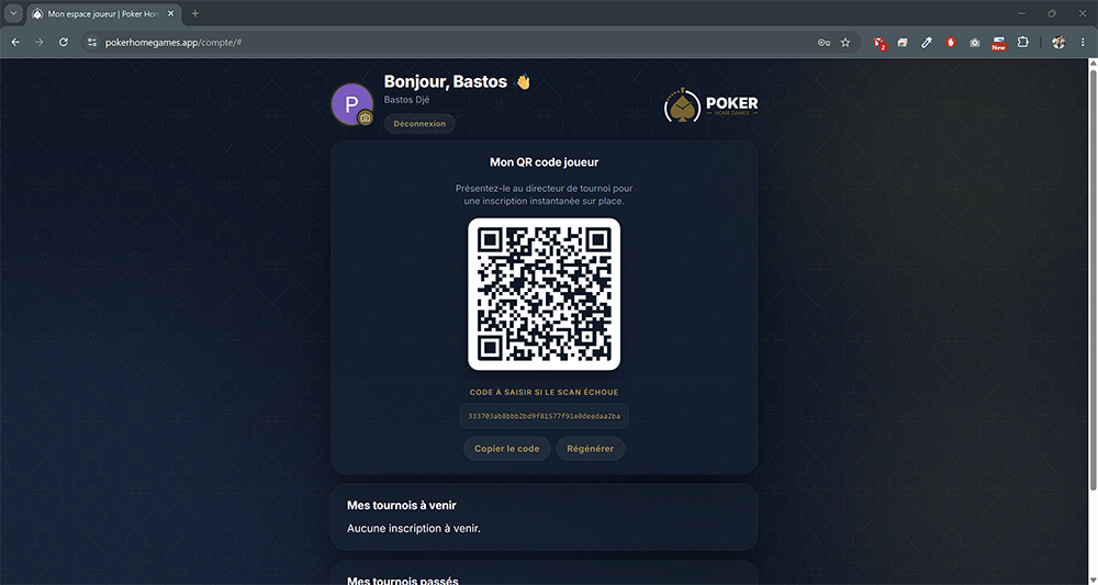Espace compte joueur Poker Home Games avec QR Code