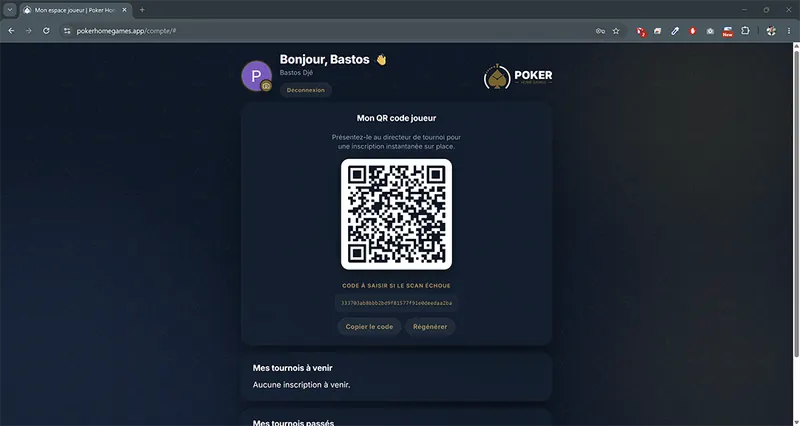 Espace compte joueur Poker Home Games avec QR Code