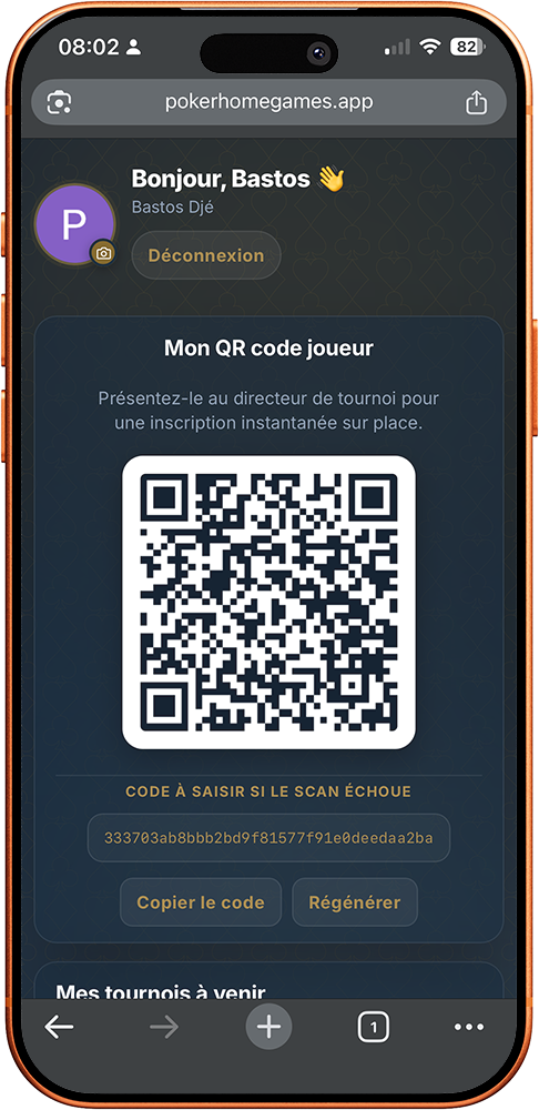 Vue mobile du compte joueur avec QR Code