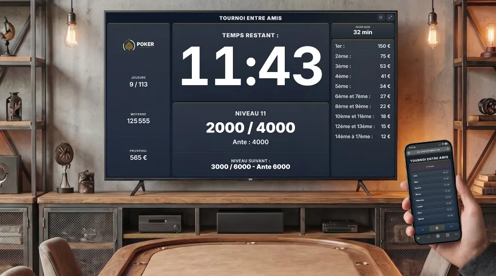 Timer Poker Home Games sur TV et télécommande mobile synchronisée dans la main
