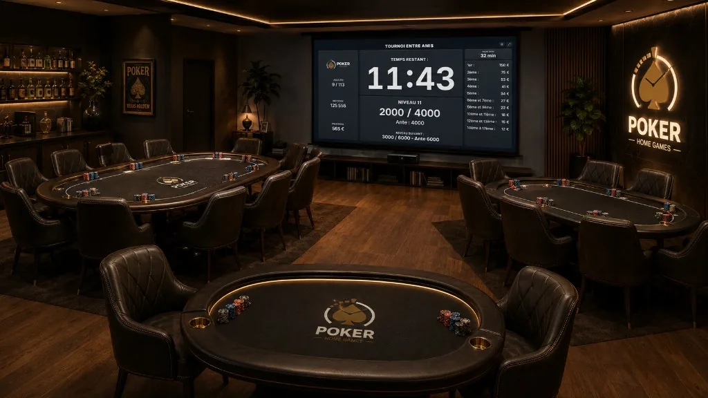 Salon poker avec tables Heads-Up, Six-max et Full Ring, et affichage du timer Poker Home Games
