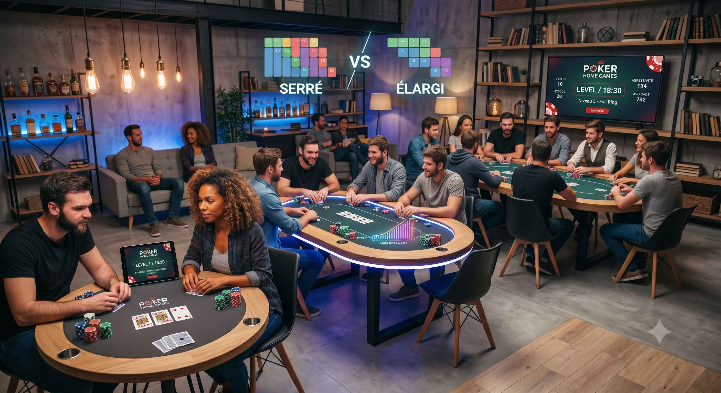 Joueurs de poker autour de différents types de tables