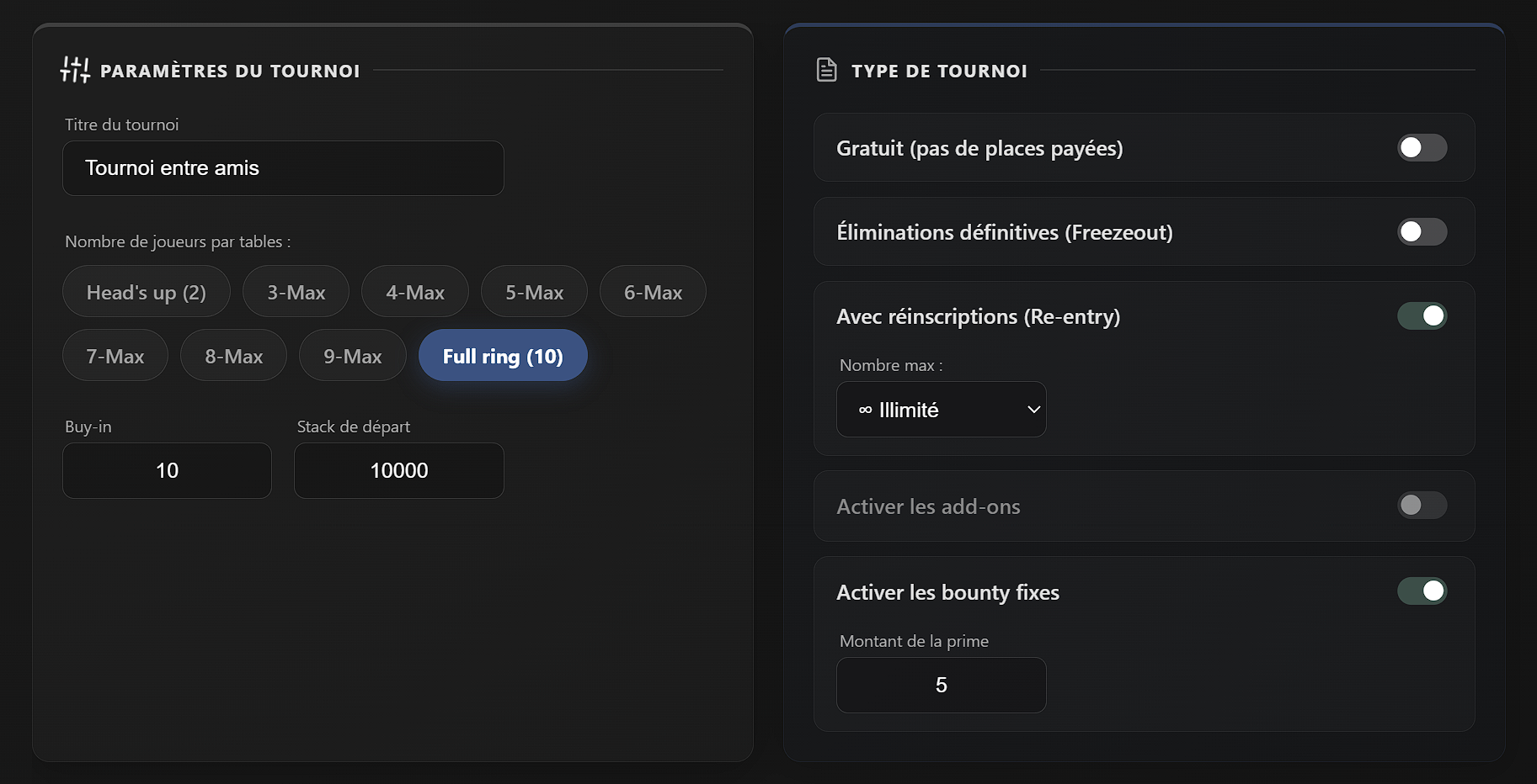 Menu de sélection des formats de table sur le logiciel Poker Home Games