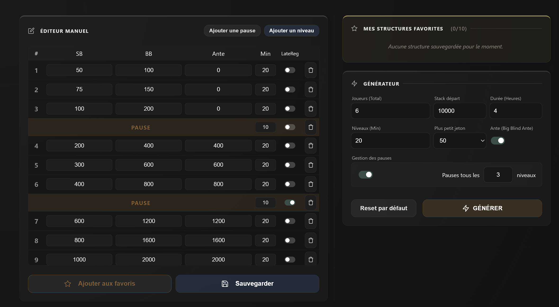 Aperçu du générateur de structure IA sur l'application Poker Home Games
