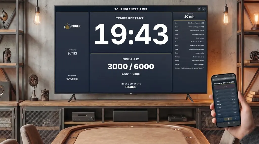 Timer Poker Home Games en mode lots sur TV, télécommande mobile synchronisée