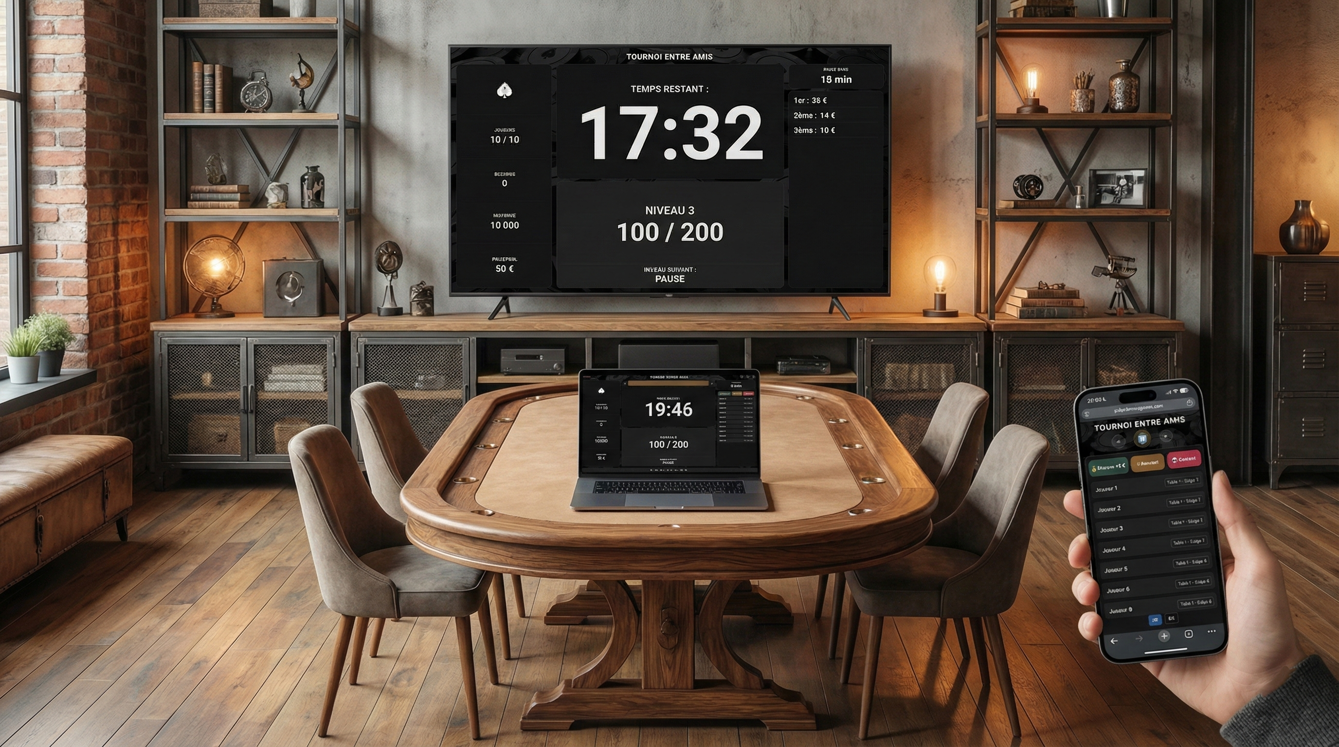 Écosystème poker complet : Timer sur TV, Gestion sur PC Portable et Contrôle sur Smartphone