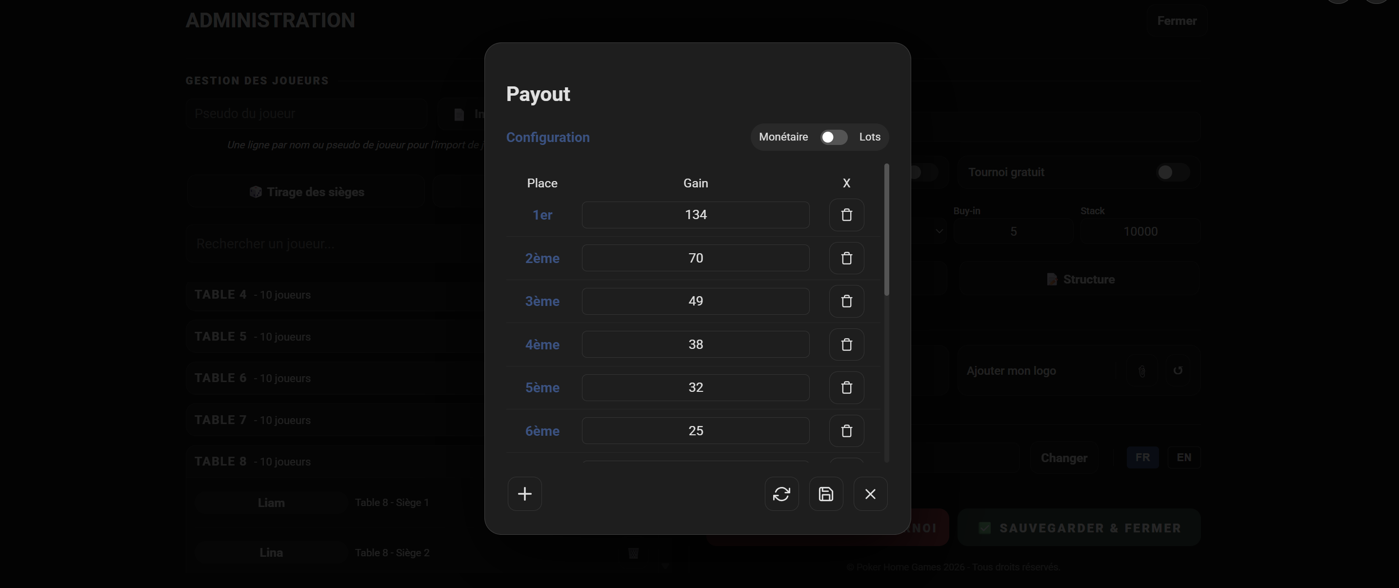 Répartition des gains affichée sur l'application
