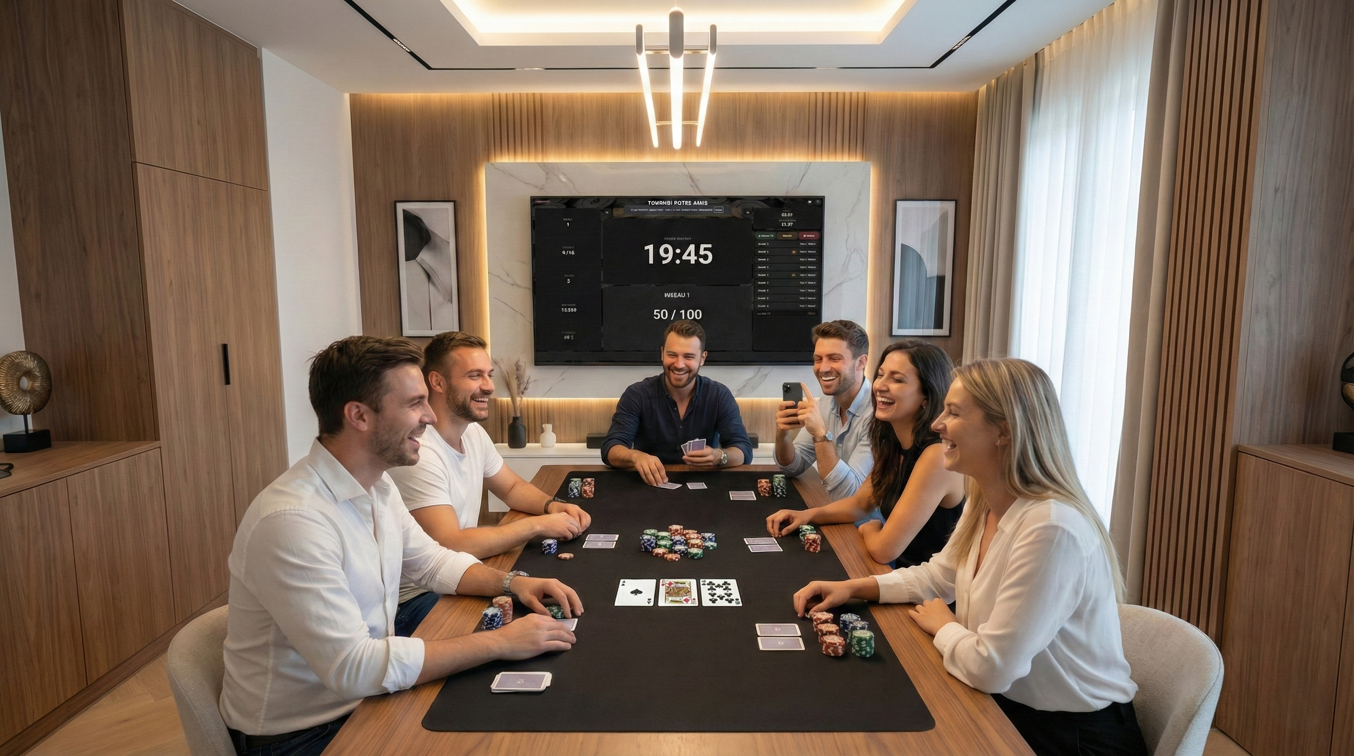 Setup poker avec Timer affiché sur télévision dans un salon