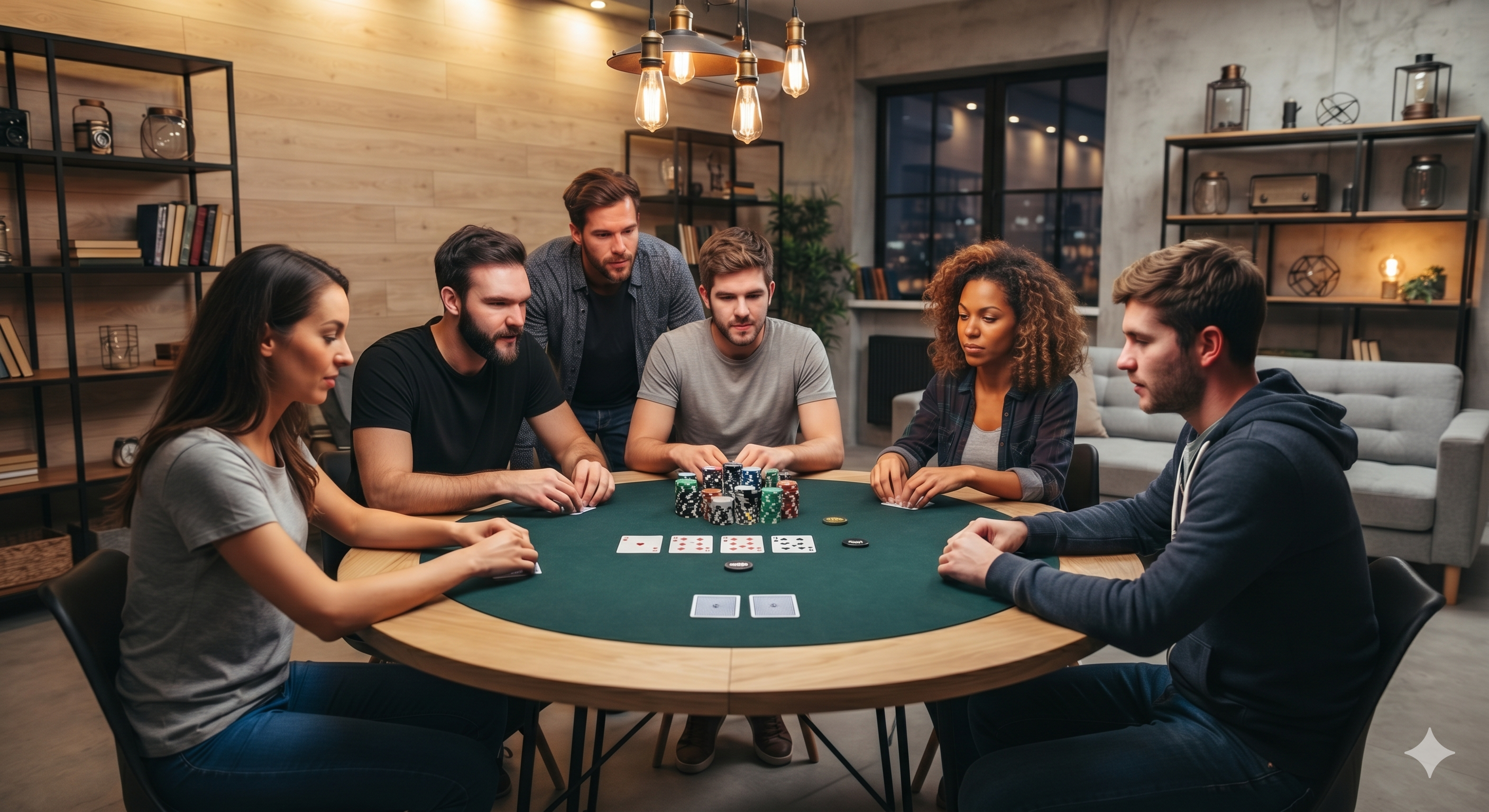 Des amis jouant au poker autour d'une table sans enjeux financiers