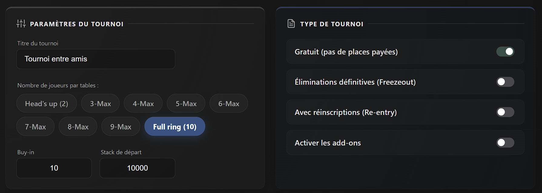 Interface de Poker Home Games configurée en mode sans devises et paiement par lots