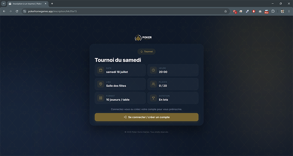 Page d'inscription à un tournoi Poker Home Games