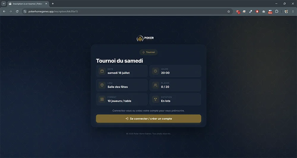 Page d’inscription publique à un tournoi Poker Home Games