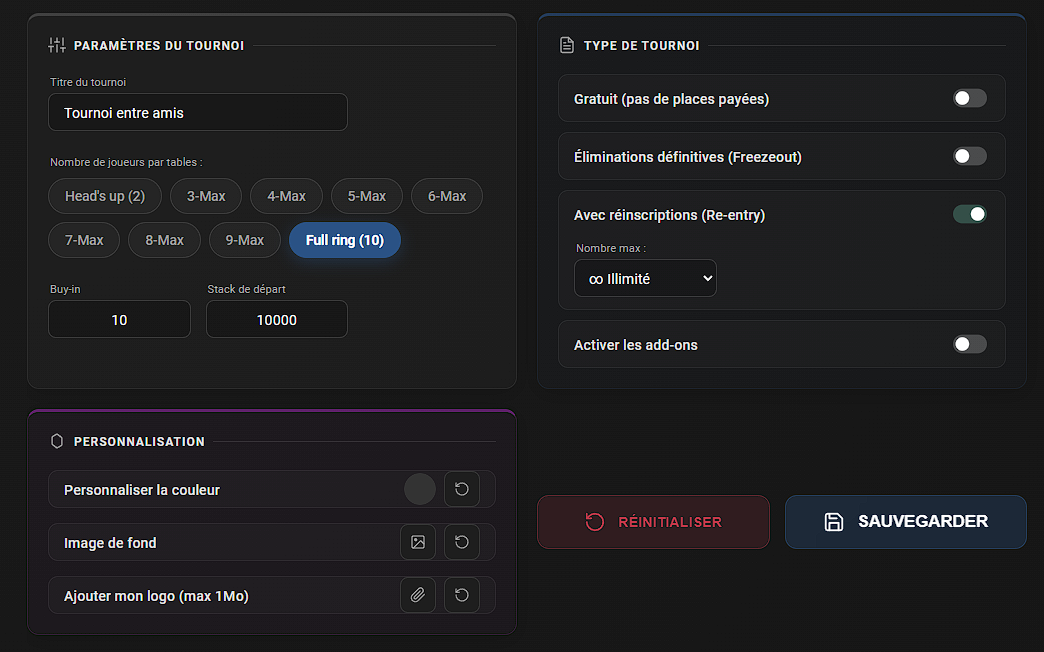 Le panneau d'options de personnalisation dans Poker Home Games