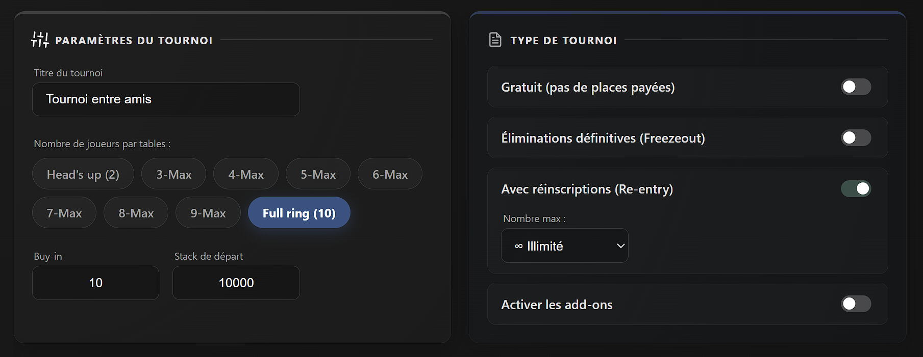 Configuration du mode Re-entry sur Poker Home Games