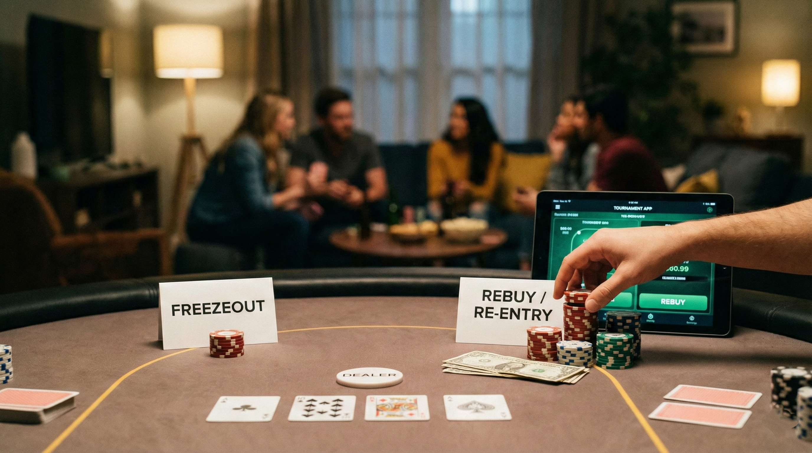 Illustration d'une table de poker Freezeout contre Re-entry