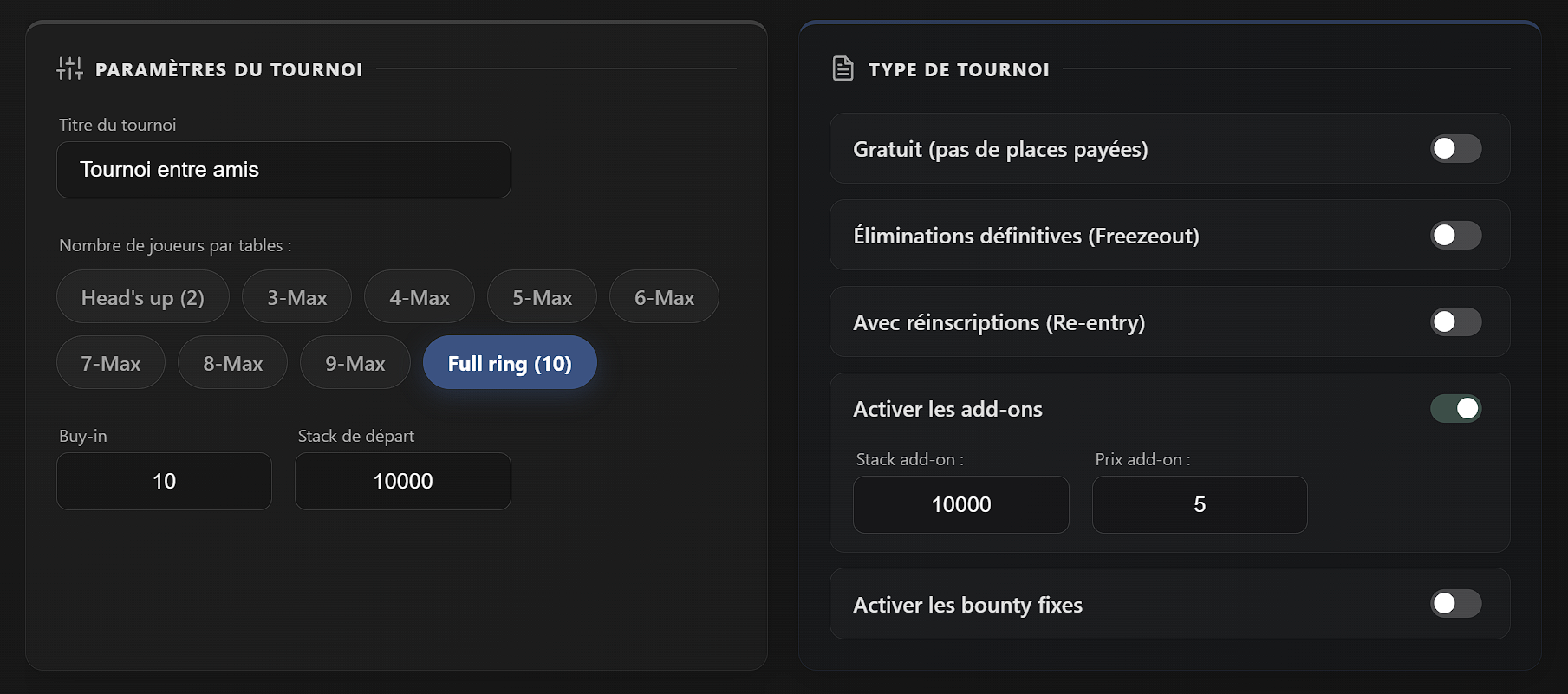 Gestion des recaves et add-ons sur l'interface Poker Home Games