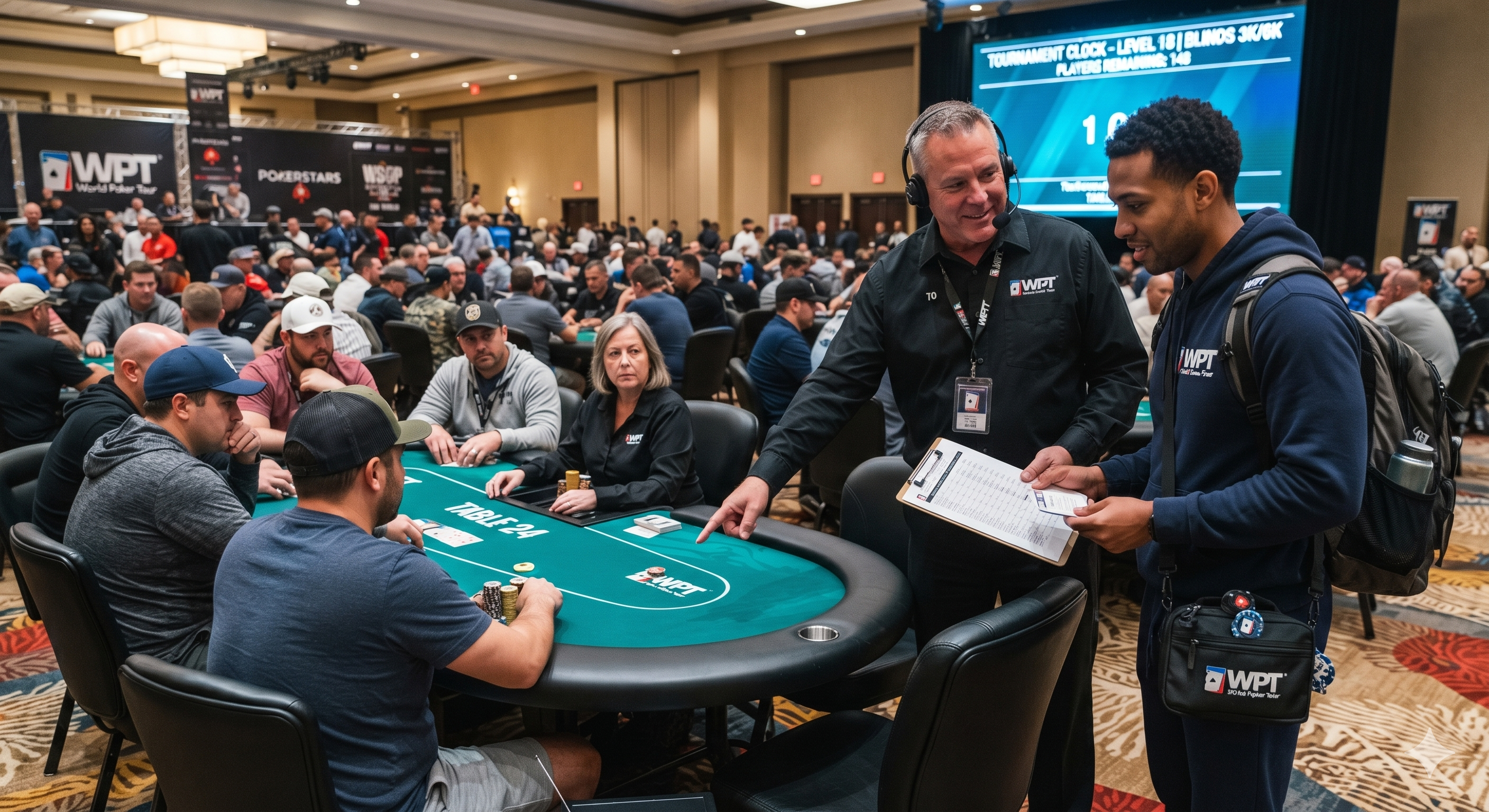 Un directeur de tournoi attribuant une place à un joueur de poker