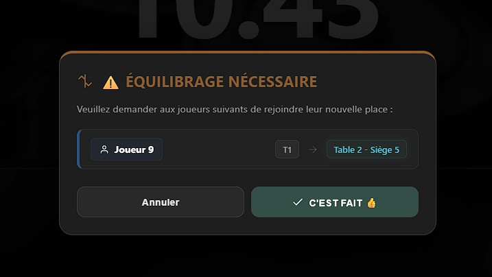 Interface de Poker Home Games montrant les notifications d'équilibrage de tables