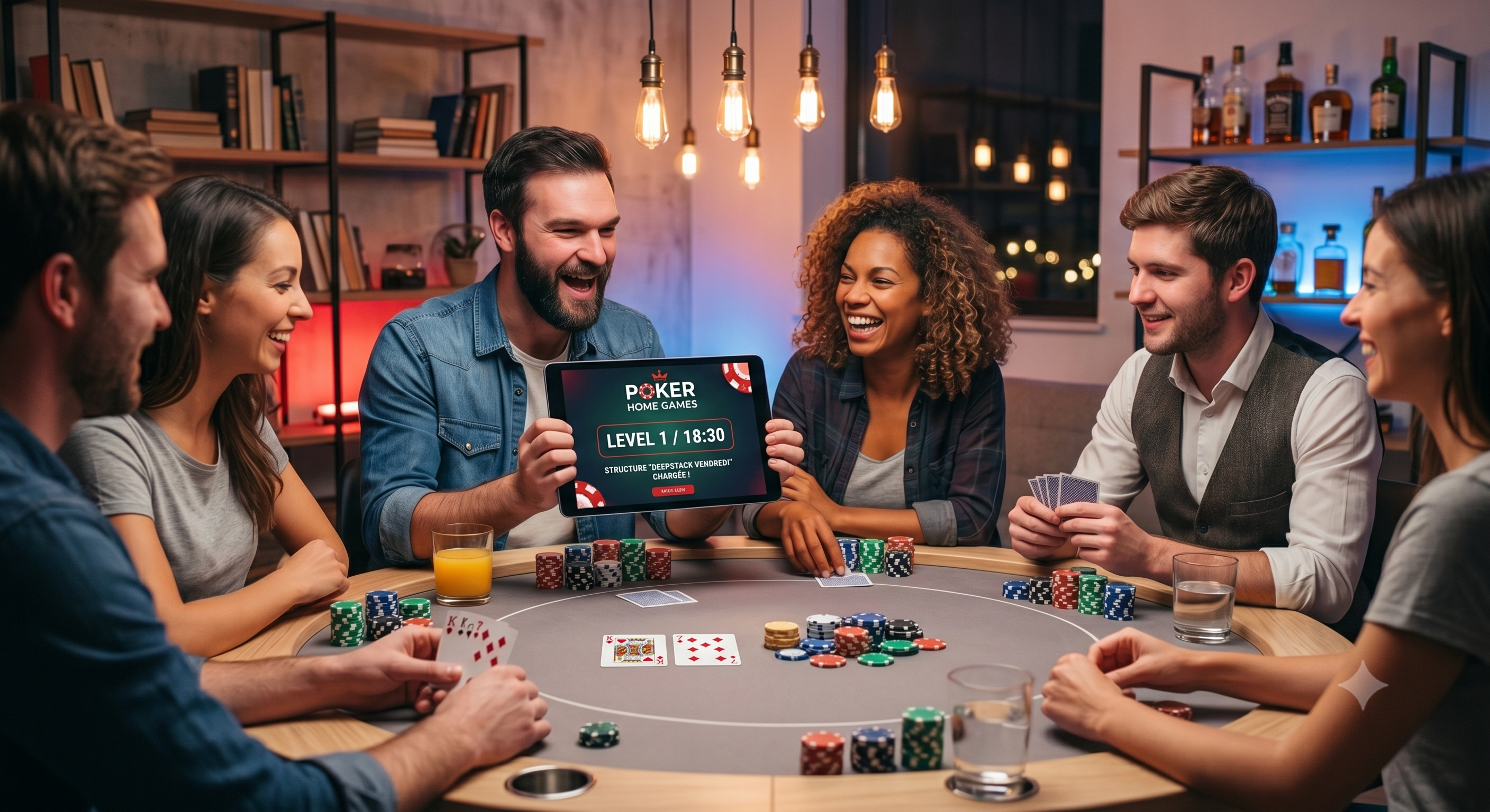 Un groupe d'amis prêt à lancer un tournoi de poker instantanément