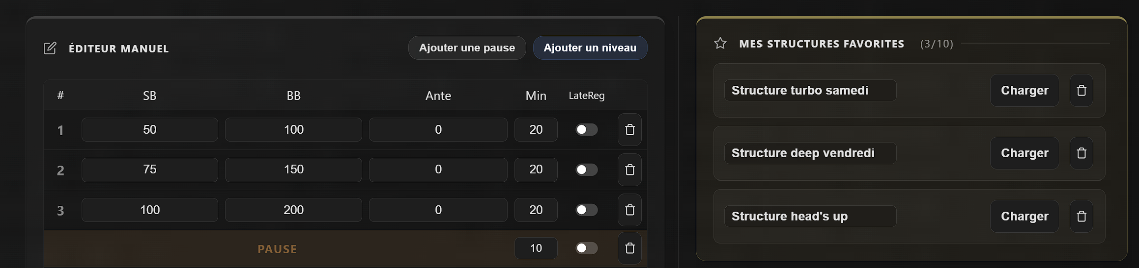 Interface de sauvegarde et de chargement des structures favorites sur Poker Home Games