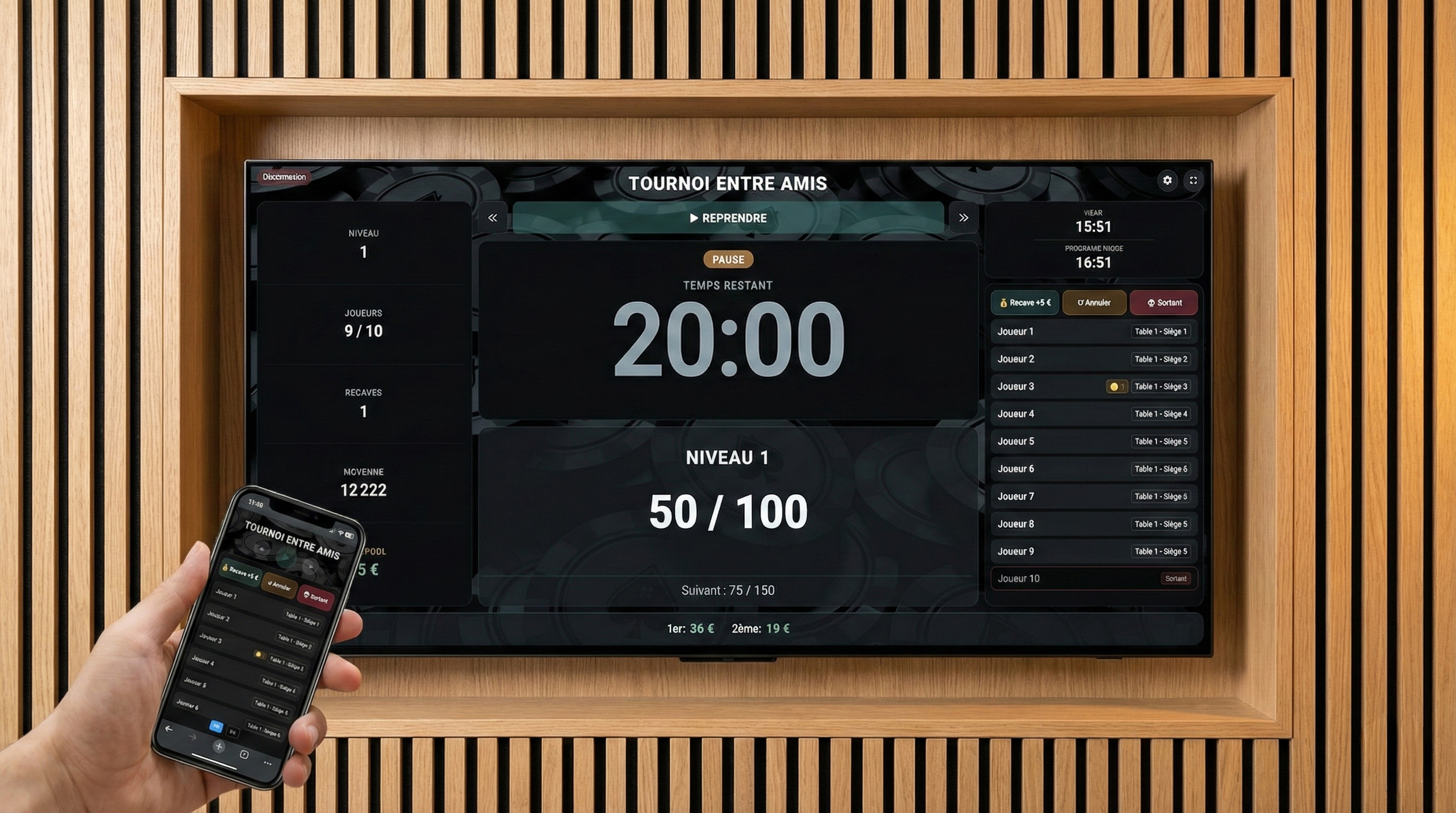 Interface du logiciel de gestion de tournoi de poker